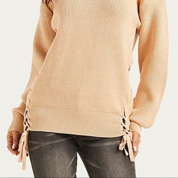 NEW•1X/2X•OLIVIA LACE UP HEMLINE OATMEAL SWEATER•NWT - Picture 2 of 6